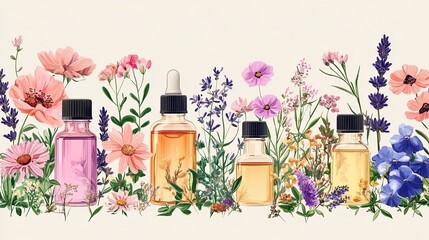 Illustration of essential oils and their benefits, highlighting natural beauty and wellness in a creative way 