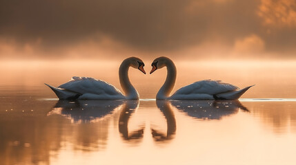 Two swans are swimming in a lake, their heads are facing each other. The water is calm and the sky is cloudy