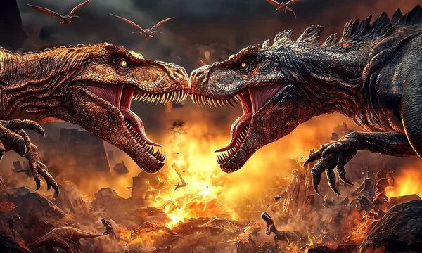 Dinosaurs clashing amidst fiery volcanic landscape