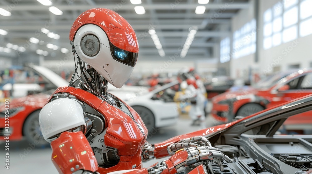 Poster robot working on a car in a modern workshop environment.