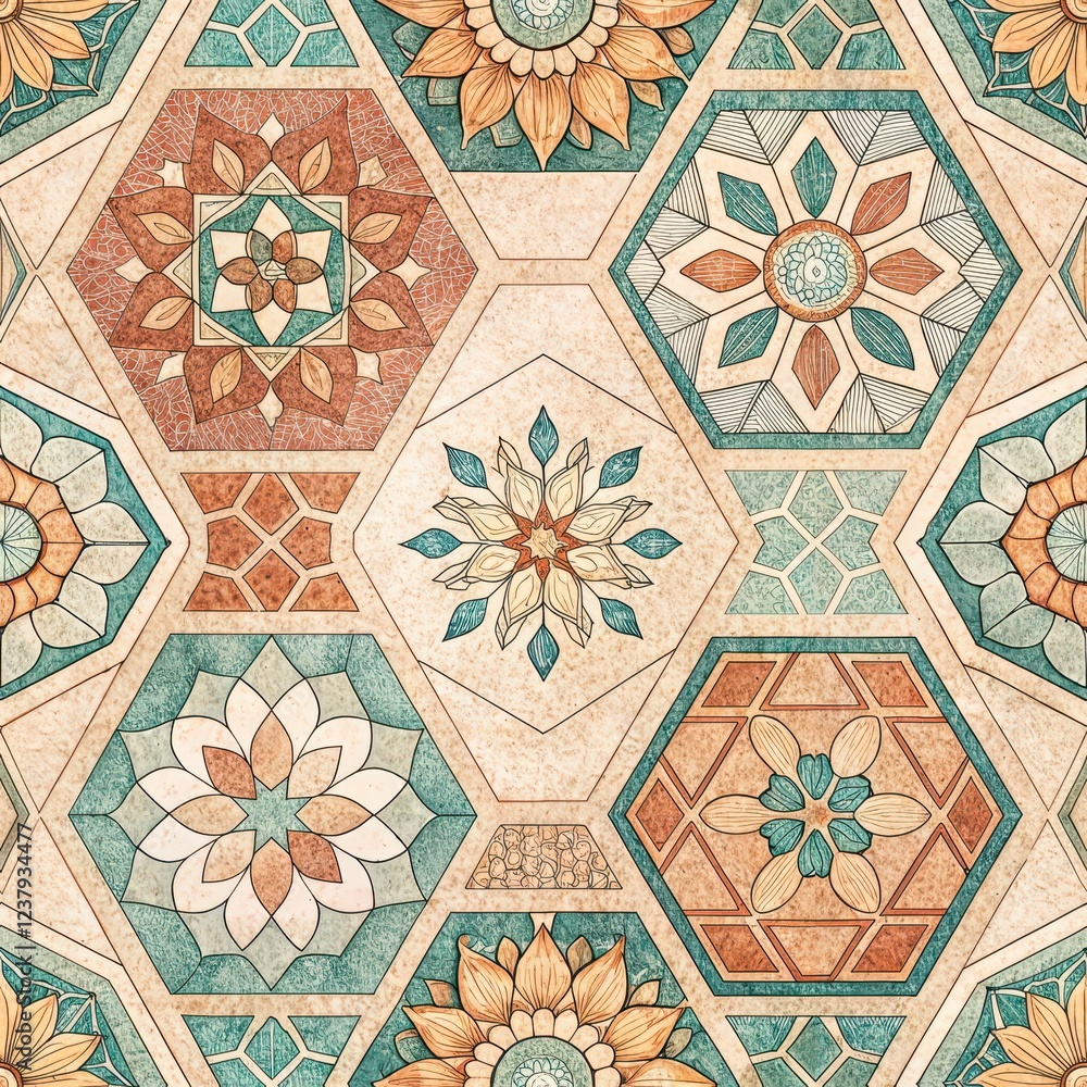 Wall mural Seamless Hexagonal Floral Pattern Tile Texture Beige Teal Orange Mandala Design