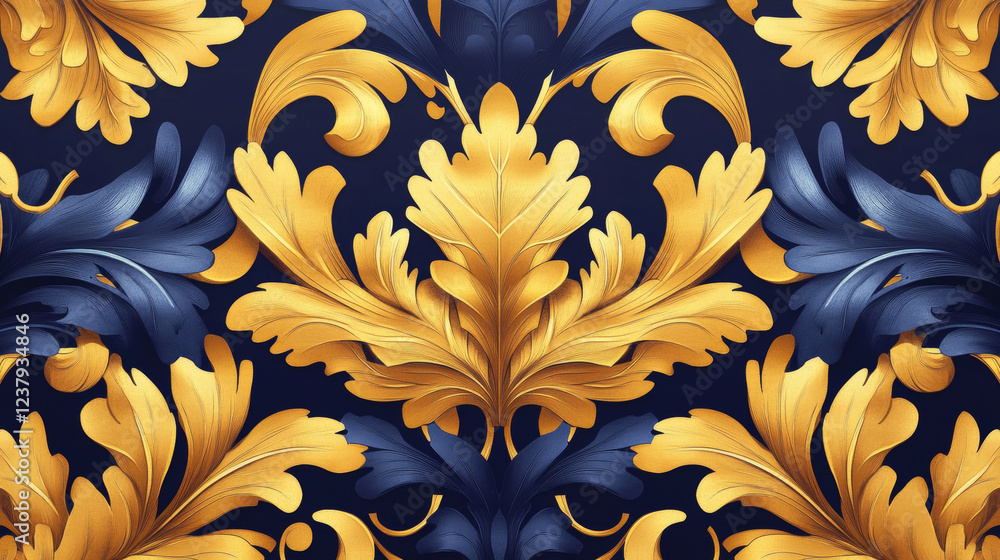 Poster gold and blue damask style seamless background pattern with bold ornate foliate repeat motifs in squ