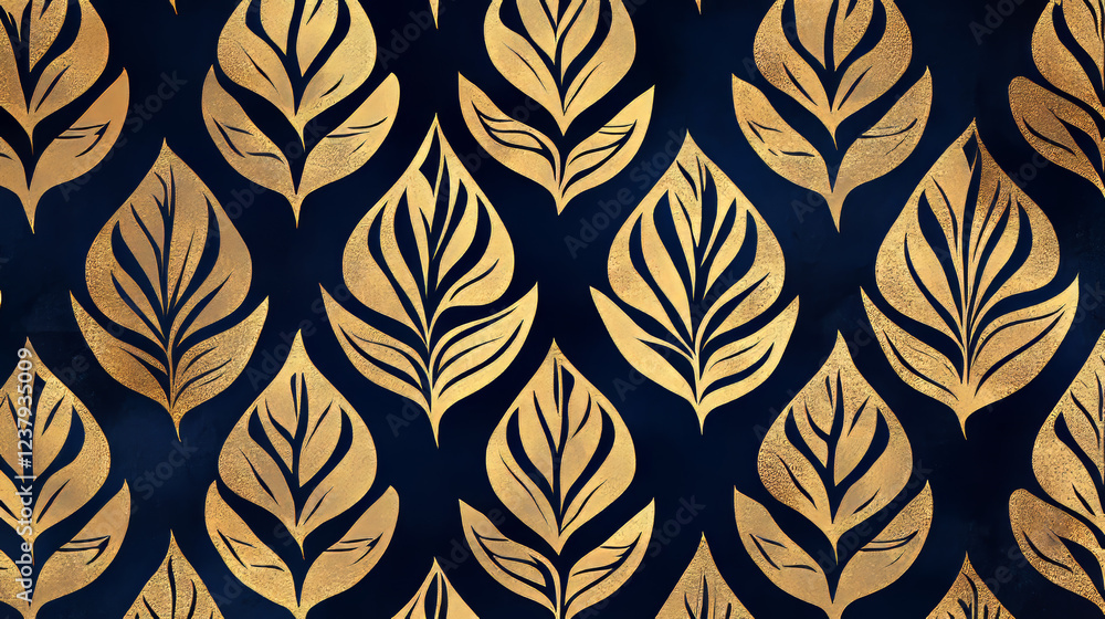Poster gold and blue damask style seamless background pattern with bold ornate foliate repeat motifs in squ