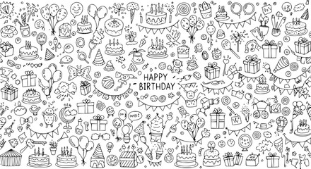 Birthday doodle icon element. Hand drawn sketch doodle birthday cake, balloon, event decoration element. Party, carnival celebration concept background. Vector illustration