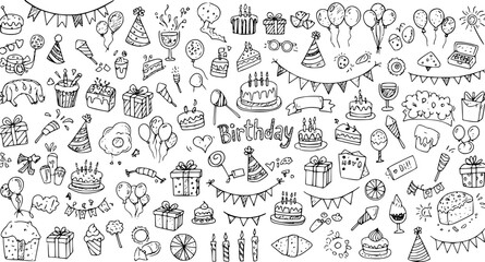 Birthday doodle icon element. Hand drawn sketch doodle birthday cake, balloon, event decoration element. Party, carnival celebration concept background. Vector illustration