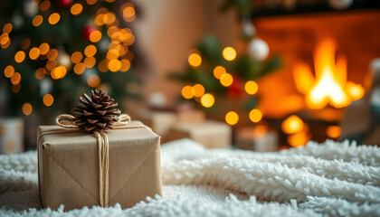Christmas gift, silver wrapping paper, white ribbon bow, pinecone, snow, blurred Christmas tree lights background, bokeh, soft focus, warm glow, festive atmosphere, holiday season, cozy, magical, wint