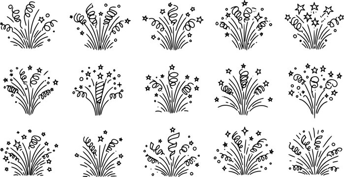 Line confetti exclamation icon elements. Hand drawn confetti explosion burst ray shine line icon illustration. Spark exclamation emphasis ray twinkle starburst decoration. Vector illustration