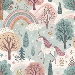 Fototapeta premium Magical Unicorn in Enchanting Rainbow Forest Whimsical Pastel Illustration for Kids