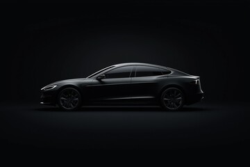 Obraz premium Black electric car in a minimalistic side profile view on a dark background. Futuristic automotive design and eco-transportation concept.