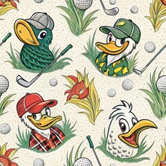 Fun Cartoon Ducks Golfing Seamless Pattern Golfing Birds Golf Balls Clubs Grass