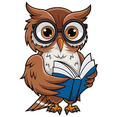 Cartoon owl bird wearing glasses reading a book
