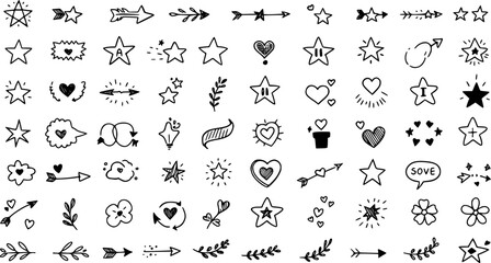 Cute line sketch star, arrow, heart decoration element icon set. Hand drawn sketch doodle cute star, emphasis, flower element. Pen line text decoration shape icon. Hand drawn vector illustration.