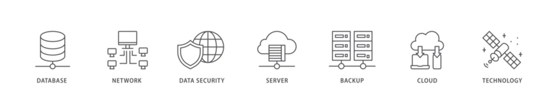 Data center icon set flow process which consists of database, network, data security, server, backup, cloud and technology icon live stroke and easy to edit .
