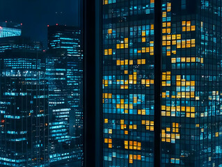 Night cityscape, illuminated skyscrapers, urban view, background lights