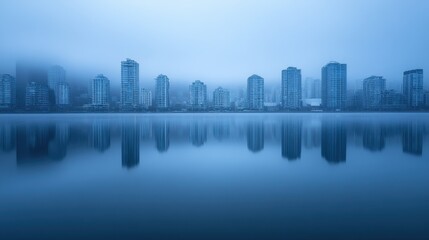 Fototapeta premium Serene Urban Reflection in Misty Cityscape at Dawn Over Water