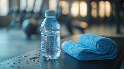 Close-up of water bottle and towel on a gym bench, symbolizing preparation and commitment to fitness