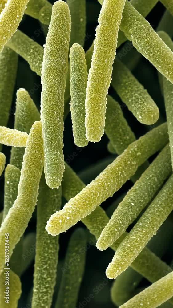 Poster microscopic view of green bacteria showing diverse shapes and textures in a laboratory setting