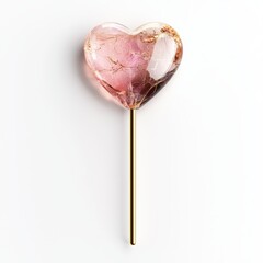 Candy heart lollipop with a golden stick, isolated on a white background for Saint Valentines Day