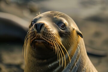 Obraz premium Close up of a galapagos sea lion enjoying the sunset on a sandy beach