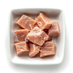 Gourmet White Square Dish with Canned Tuna Isolated on White Background