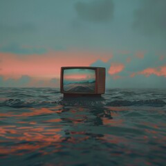 Fototapeta premium Nostalgic TV Serenity: Vintage TV Floating Above Calm Ocean
