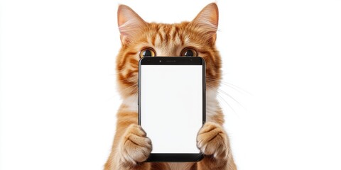 A cat is holding a tablet with a white screen