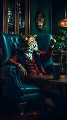 The lion sits majestically on the chair, his gaze sharp and full of authority. His mane spreads magnificently, reflecting the power and majesty of a king resting on his throne.