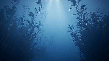 Naklejka premium Underwater view of serene kelp forest with soft light filtering through