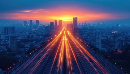 Online Service Cityscape Dynamic Light Trails Network at Dusk