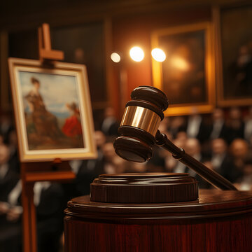 Naklejki Gavel rests at auction, painting displayed in background with blurred audience, suggesting art sale or legal context.