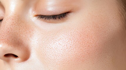 Fototapeta premium Close-Up of a Female Face with Freckles: Exploring Natural Skin Texture, Pores, and Delicate Beauty Features Against a Soft Background