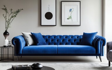 Electric blue velvet sofa in a stylish modern space, accented with black and silver minimalist furniture