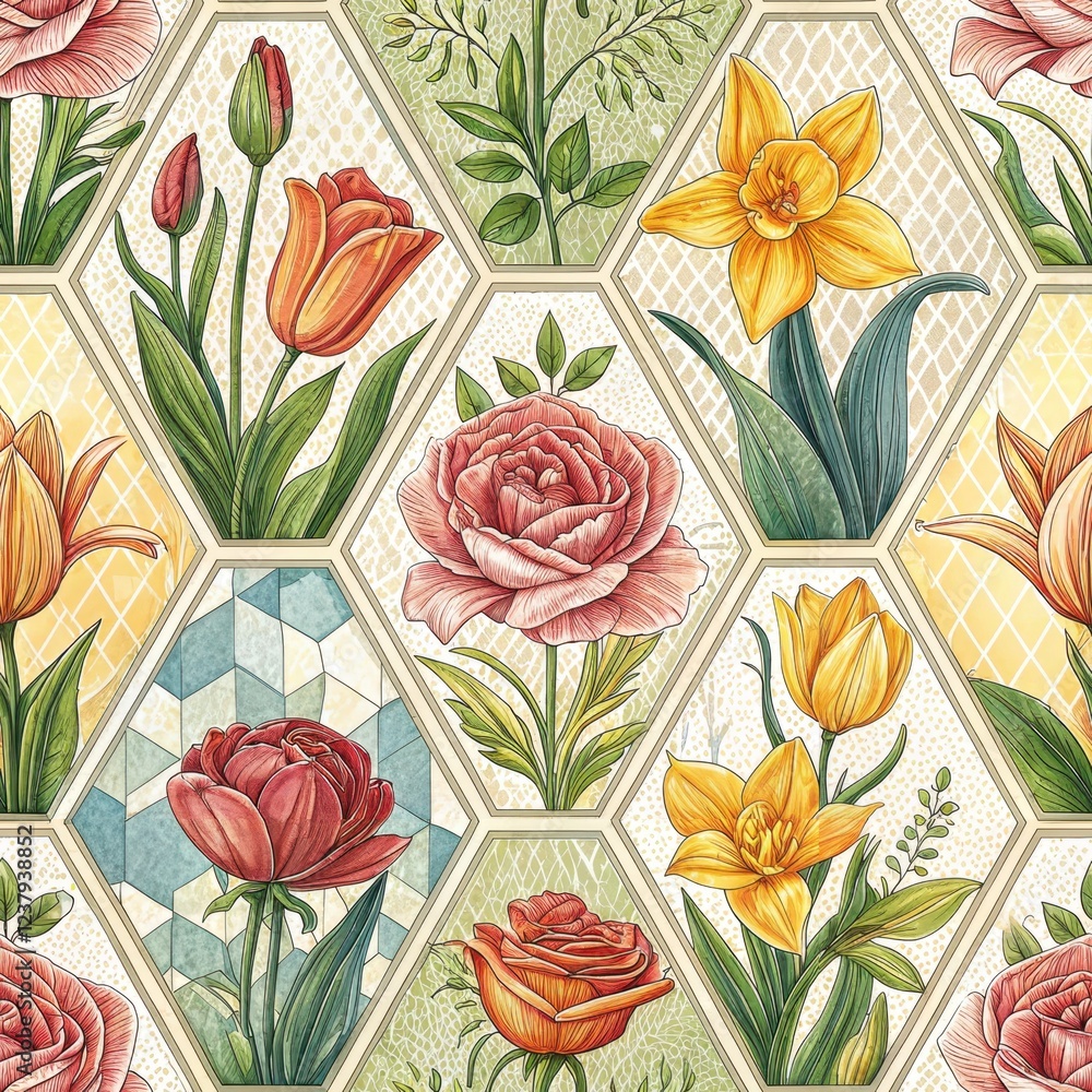 Wall mural Elegant Floral Hexagon Pattern Roses Tulips Daffodils Botanical Illustration Seamless Design