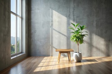 Sunlit Room Interior Design Featuring Minimalist Wooden Side Table and Potted Plant