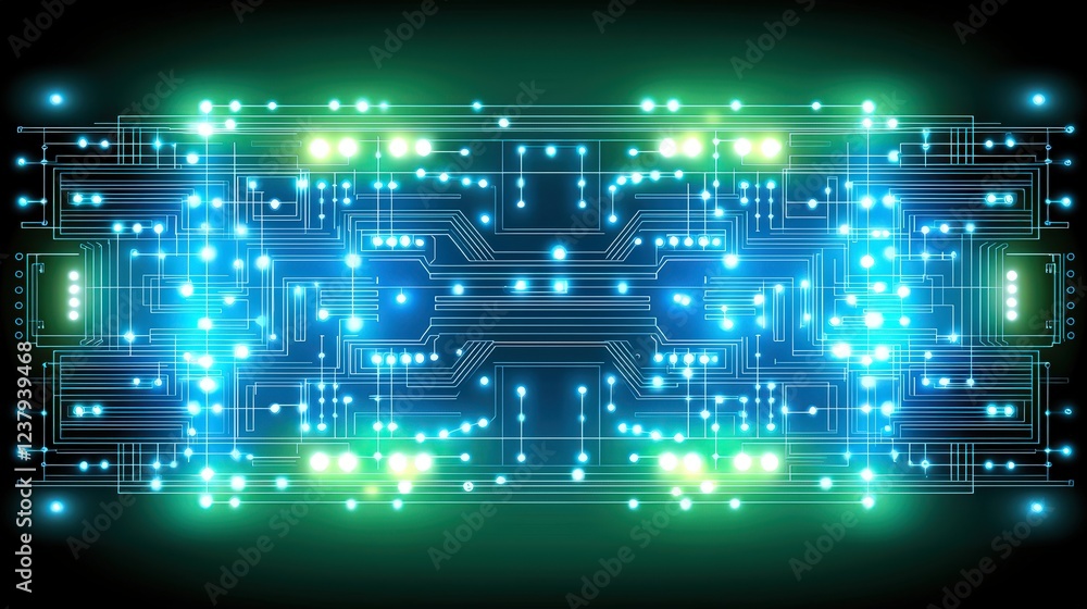 Poster vibrant and glowing circuit board design with intricate patterns and dynamic light effects