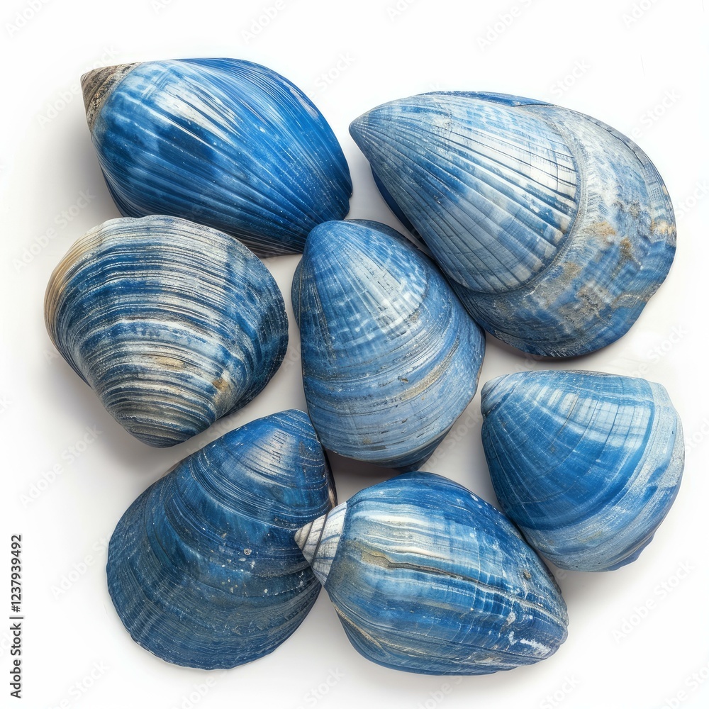 Poster seven blue mussel shells arranged in a circular pattern on a white background, creating a visually a