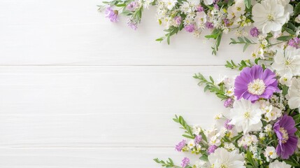 White wood background, purple and white flowers, floral arrangement, greeting card design
