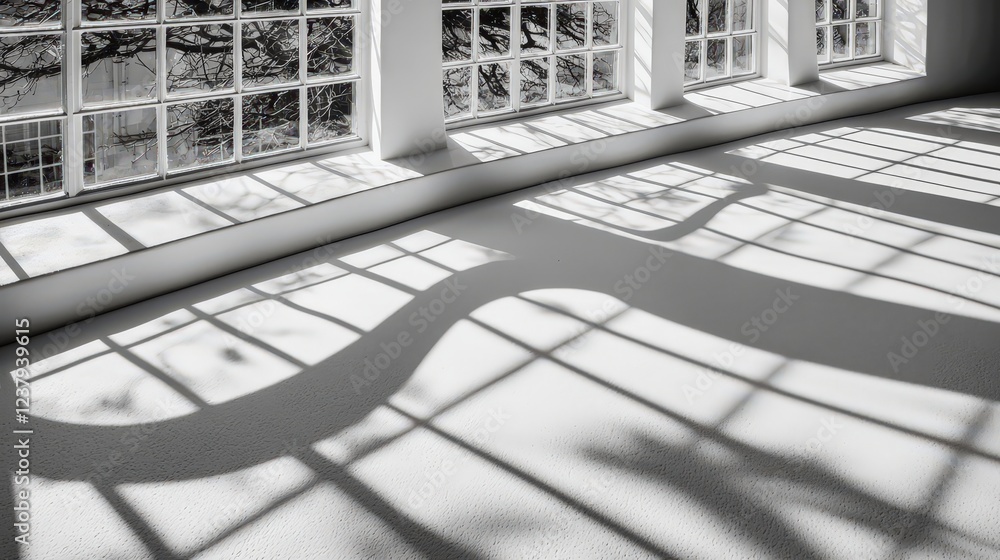 Poster bright illuminated space with shadows and light patterns on the white floor and windows