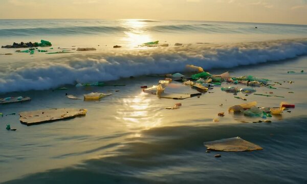 Garbage and Oil Slick on Ocean