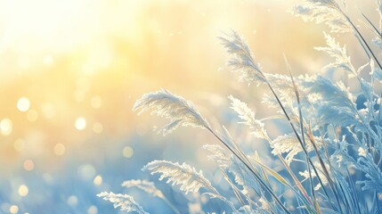 A soft, pastel-colored winter landscape with frosted grass and a warm golden sunrise in the background. The focus is on delicate frost-covered plants,