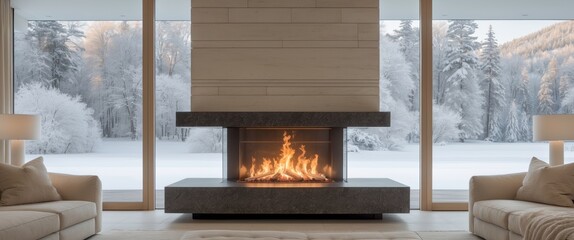 Modern living room with fireplace and snowy outdoor view through large windows.