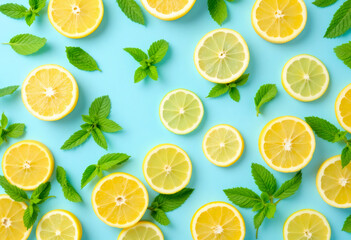ai image A generous spread of lemon slices and mint leaves are arranged across a light blue backdrop, ideal for culinary or health-related designs.