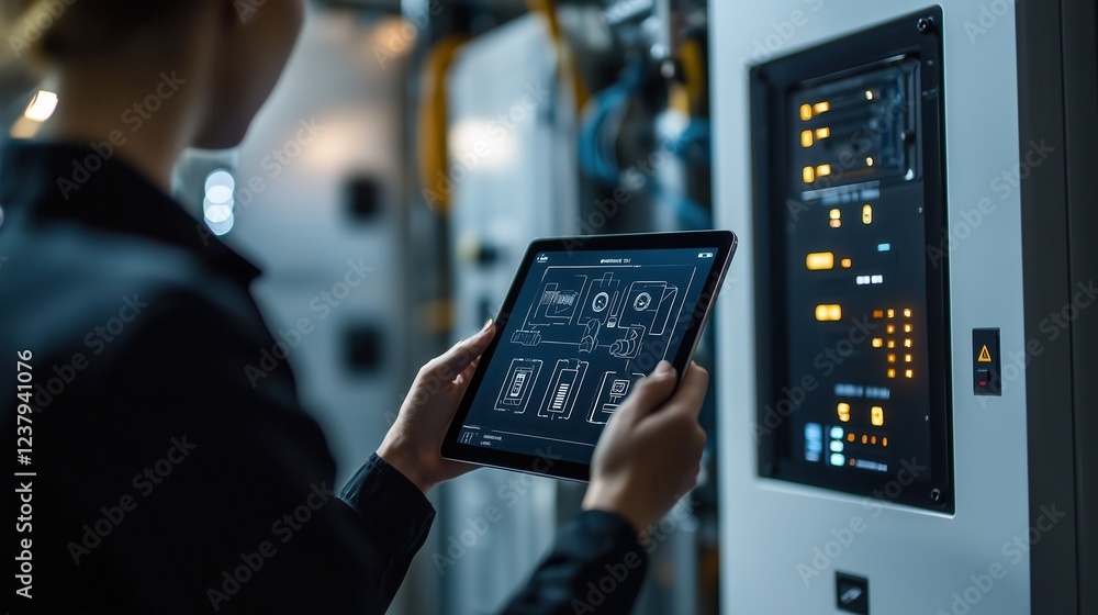 Poster technician using tablet to monitor control systems in modern electrical equipment room with advanced