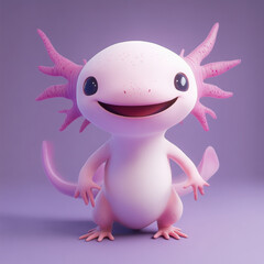 cheerful 3D cartoon axolotl with big smile and tiny gills, set against soft purple background. This adorable character exudes joy and playfulness, perfect for children content