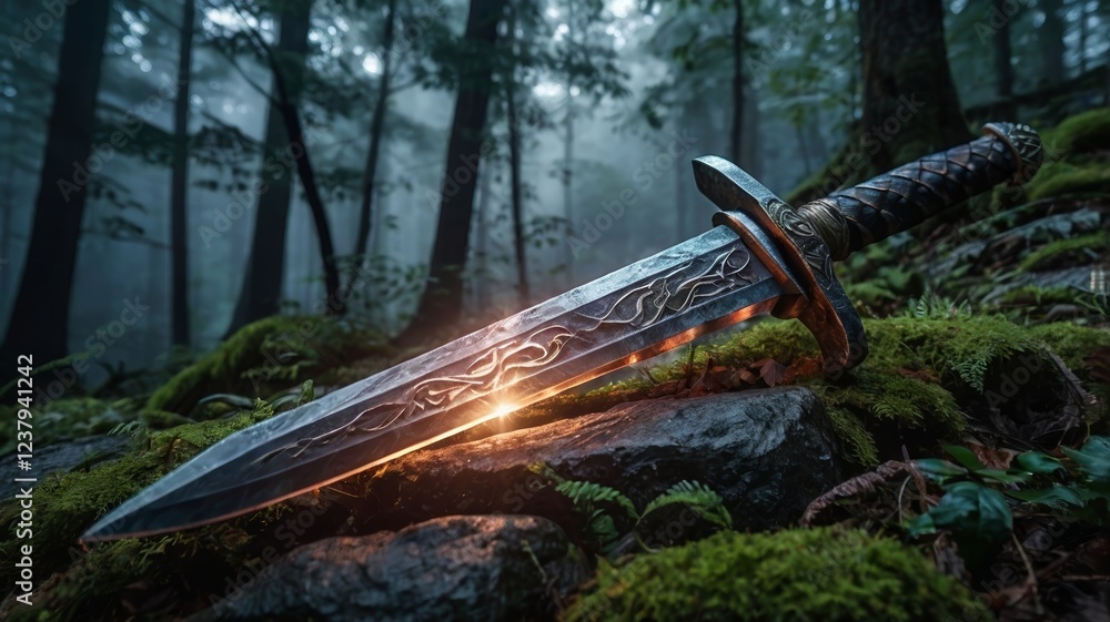 Poster sword resting among mossy stones in an enchanting forest at dusk with soft light illuminating its in