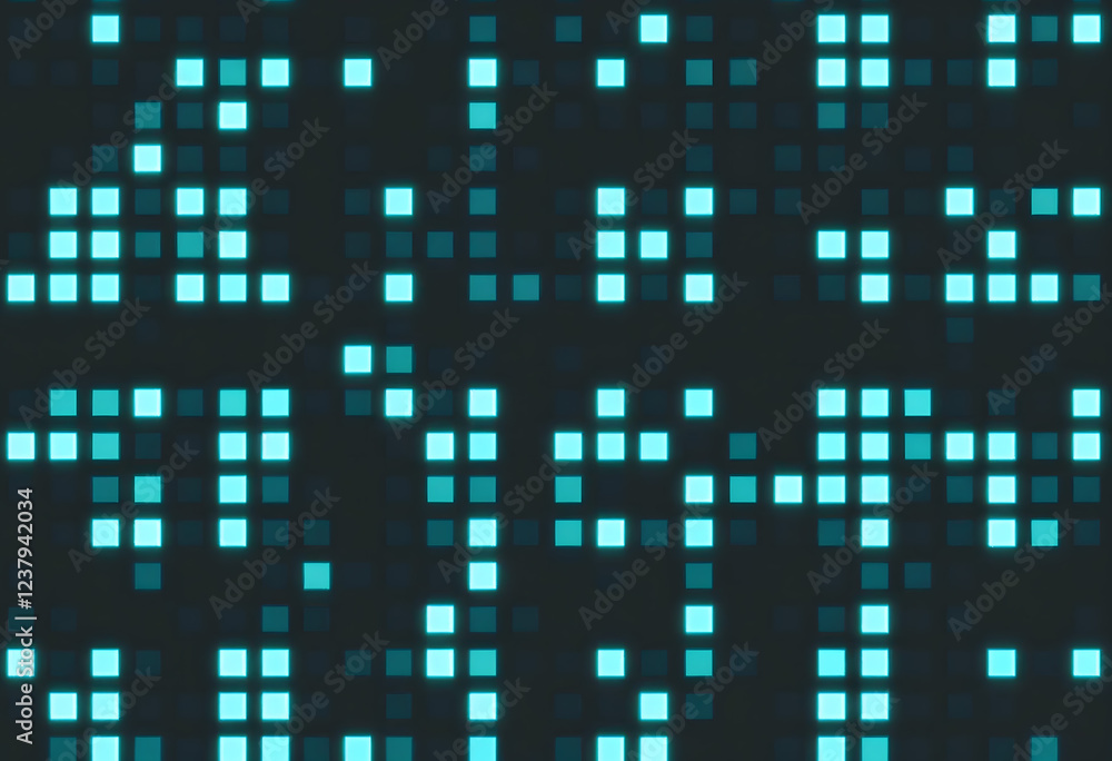 Poster ai image a digital matrix of glowing light blue squares, scattered against a dark gray backdrop, cre