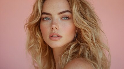 A stunning woman showcases her golden blonde waves, with soft waves cascading over her shoulders. Her piercing blue eyes reflect confidence as she poses against a gentle pink wall