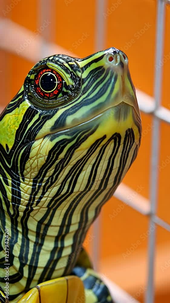 Poster striking close-up of a vibrant turtle showcasing unique markings and vivid colors in a habitat setti