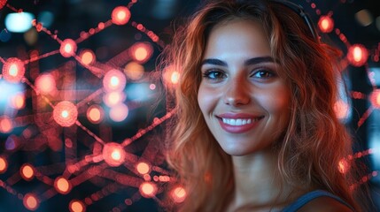 Naklejka premium Smiling woman, city lights, night, bokeh, portrait