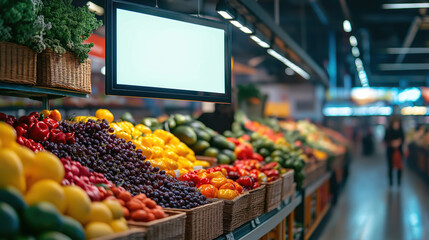 Obraz premium Vibrant grocery store produce aisle with fresh fruits and vegetables on display